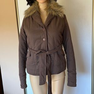 Buffalo David Bitton brown puffer jacket with faux fur collar.